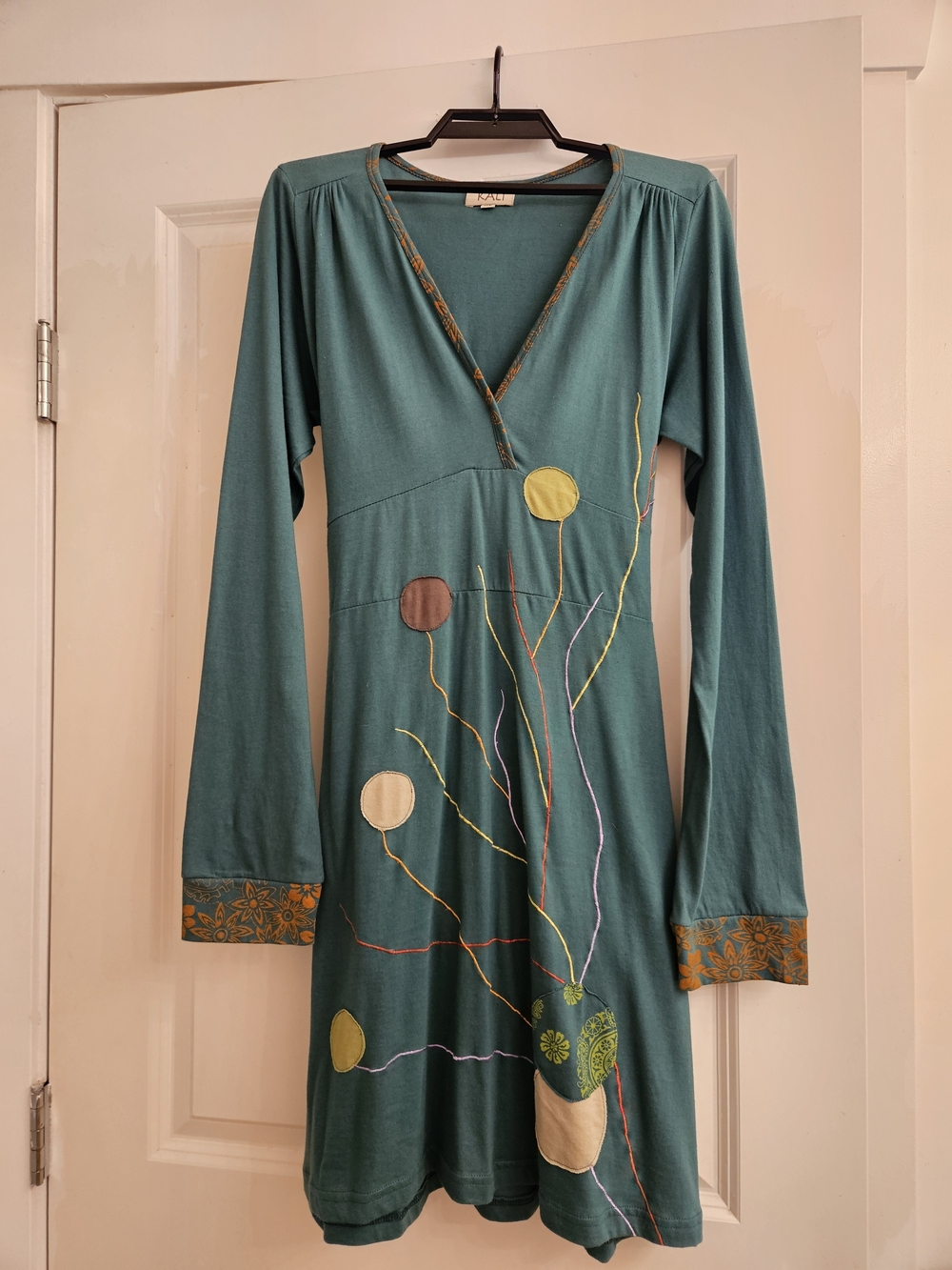 Teal Long-Sleeve V-Neck Dress with Colorful Appliqué